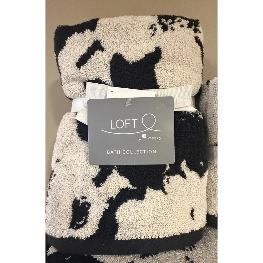 New Loft Loftex Stunning Black Ivory Color Blocked Floral 6 Towels Washcloths